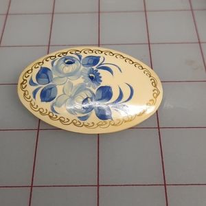 Vintage Signed Wooden Handpainted Brooch